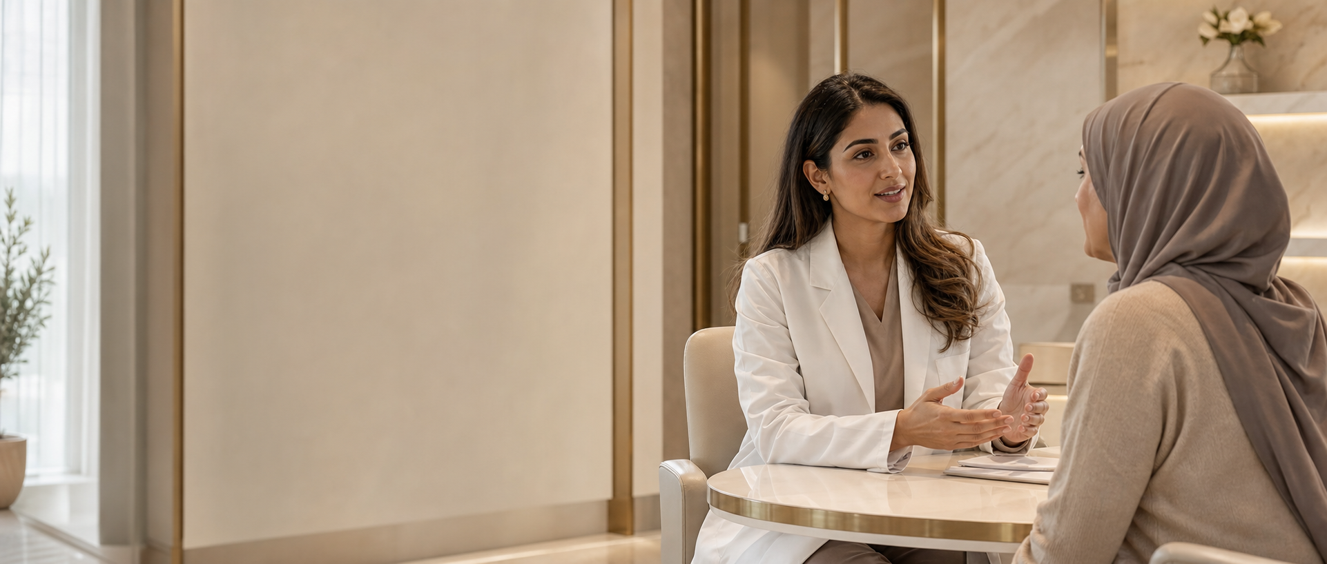 A clinician in a warm, marble-lined consultation room speaking with a patient. Photography is representative and does not depict actual AAMC clinicians or patients.